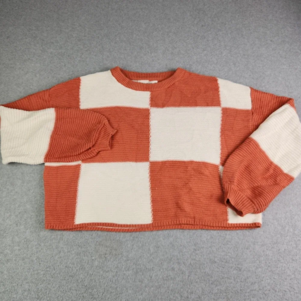 Moon & Madison Cropped Sweater Womens Large Orange Cream Checkerboard Knit Retro